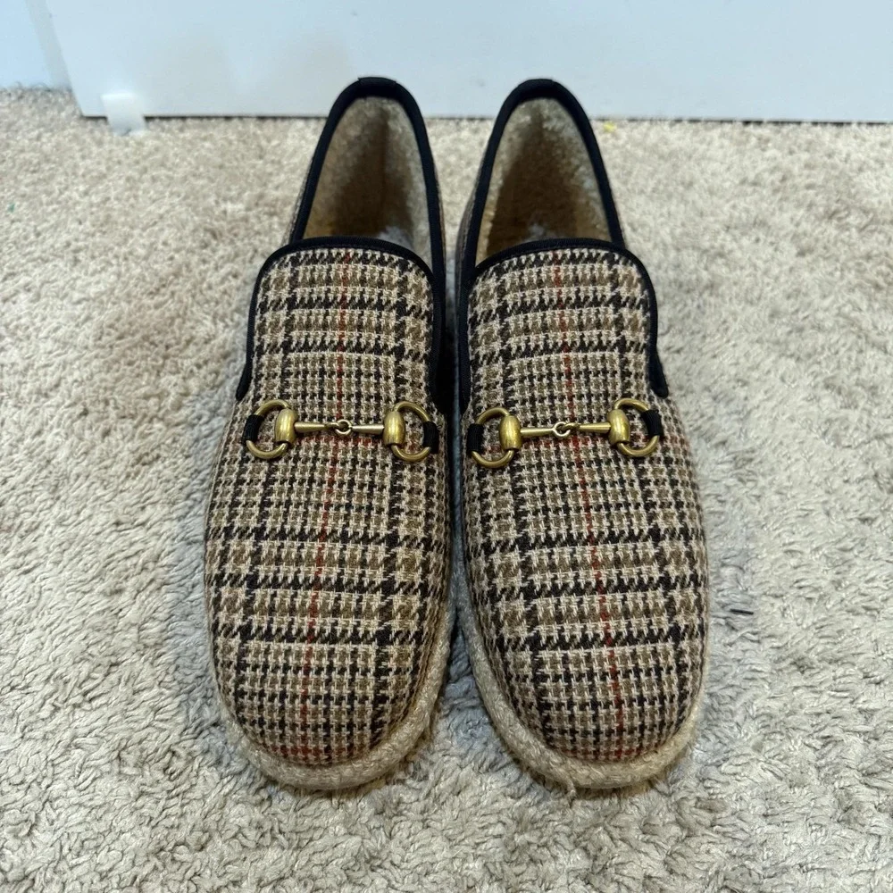 Gucci Fria WB Bit Moc Shoes Mens Size 9 Brown Houndstooth Slip On Espadrilles
